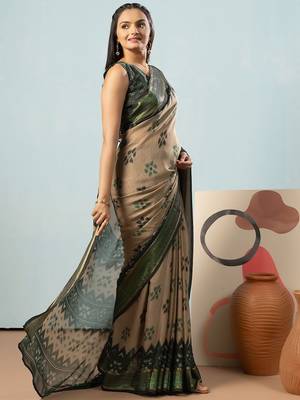 Green elegant printed georgette saree with blouse piece 1