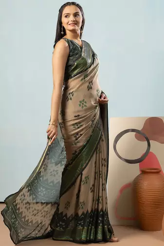Green elegant printed georgette saree with blouse piece