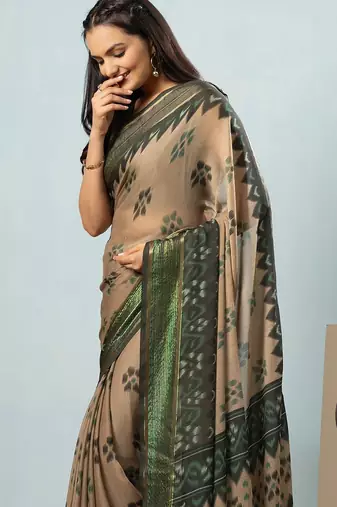 Green elegant printed georgette saree with blouse piece