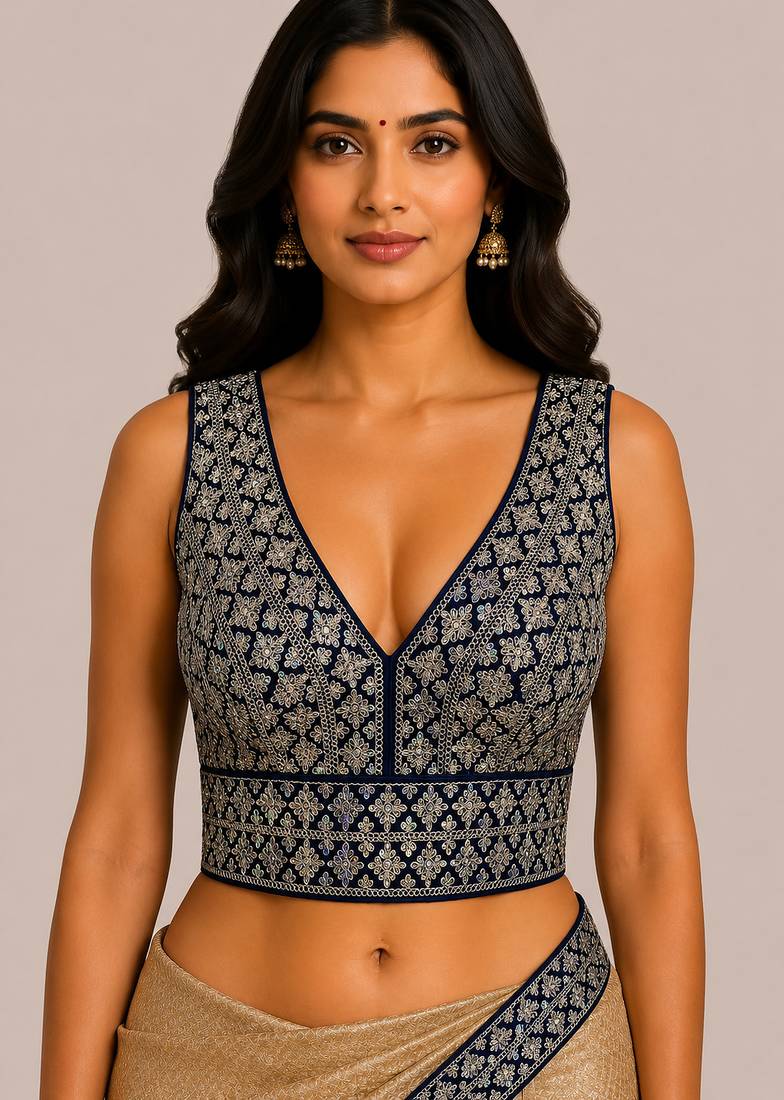 Royal blue heavy embroidered silk bridal blouse | designer sequin work readymade saree blouse for women