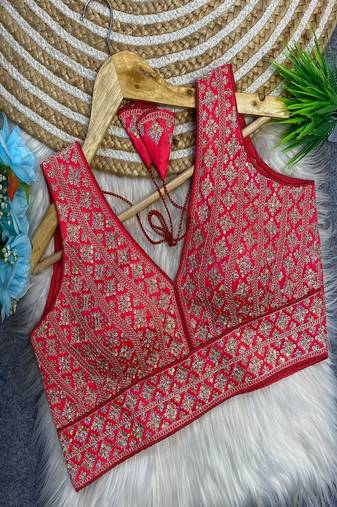 Coral pink heavy embroidered silk bridal blouse | designer sequin work readymade saree blouse for women