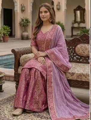 Royal Magenta Brocade Kurta & Flared Sharara with Striped Dupatta 2