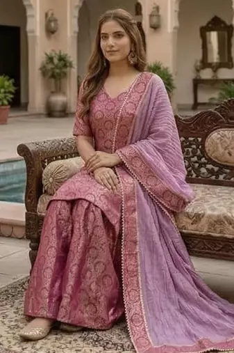 Royal Magenta Brocade Kurta & Flared Sharara with Striped Dupatta