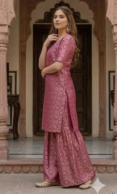 Royal Magenta Brocade Kurta & Flared Sharara with Striped Dupatta 4