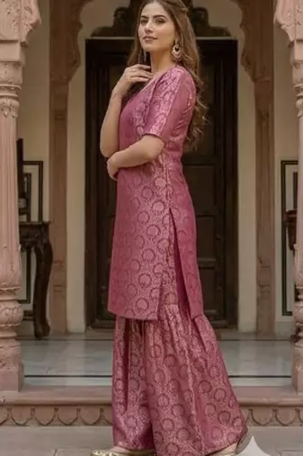 Royal Magenta Brocade Kurta & Flared Sharara with Striped Dupatta