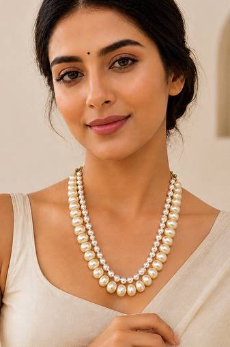 Double strand white beige pearl necklace