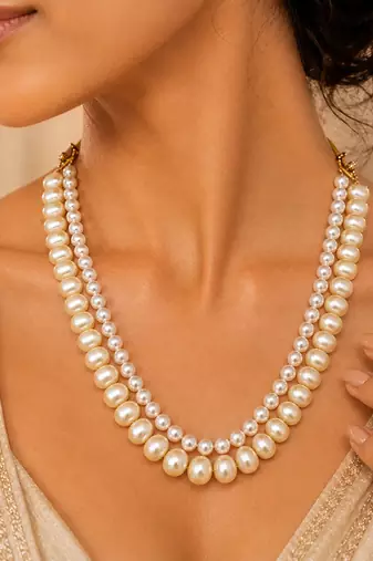Double strand white beige pearl necklace
