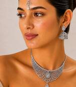 Silver plated bridal necklace set with maang tikka