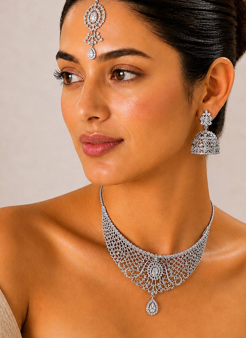 Silver plated bridal necklace set with maang tikka