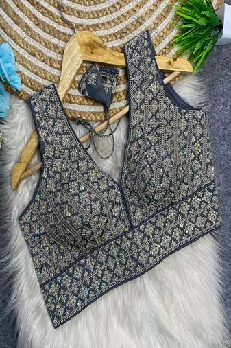 Grey heavy embroidered silk readymade saree blouse for women | designer sequin work bridal blouse