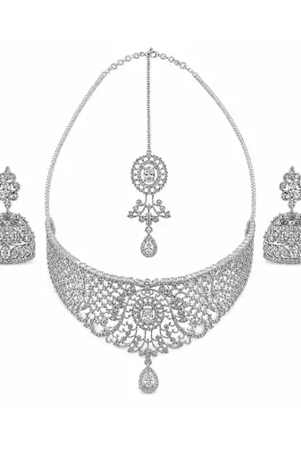 Silver plated bridal necklace set with maang tikka