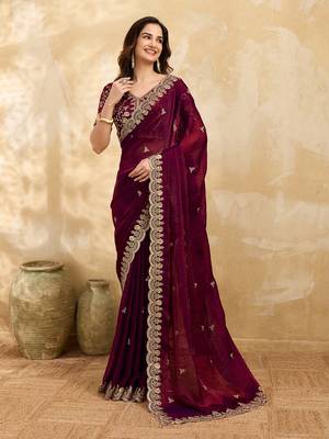 Maroon Satin Embroidery Sequence Work Saree with Unstitch Blouse Piece For Women 1