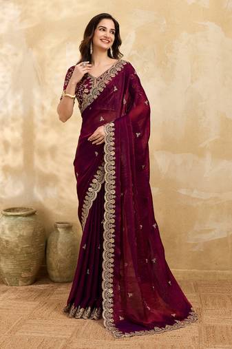 Maroon Satin Embroidery Sequence Work Saree with Unstitch Blouse Piece For Women