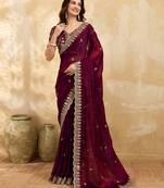 Maroon Satin Embroidery Sequence Work Saree with Unstitch Blouse Piece For Women