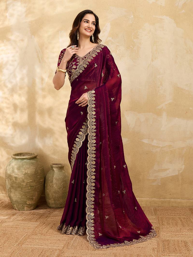 Maroon Satin Embroidery Sequence Work Saree with Unstitch Blouse Piece For Women