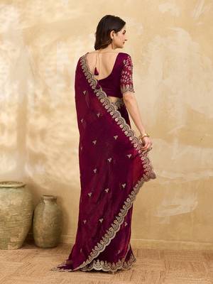 Maroon Satin Embroidery Sequence Work Saree with Unstitch Blouse Piece For Women 2