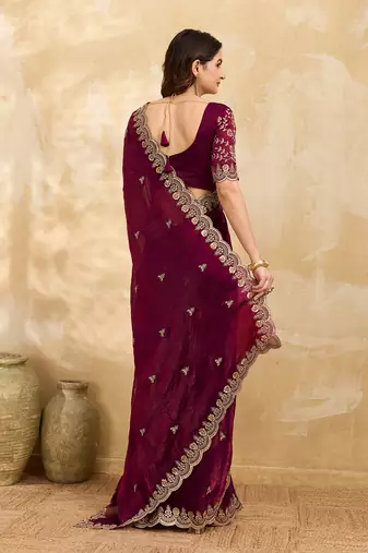 Maroon Satin Embroidery Sequence Work Saree with Unstitch Blouse Piece For Women