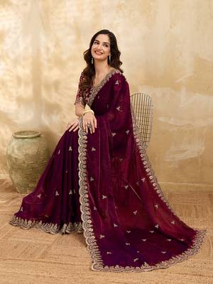 Maroon Satin Embroidery Sequence Work Saree with Unstitch Blouse Piece For Women 3