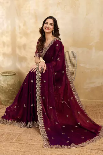 Maroon Satin Embroidery Sequence Work Saree with Unstitch Blouse Piece For Women