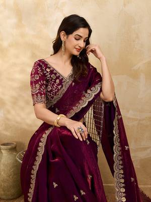 Maroon Satin Embroidery Sequence Work Saree with Unstitch Blouse Piece For Women 4