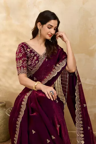 Maroon Satin Embroidery Sequence Work Saree with Unstitch Blouse Piece For Women