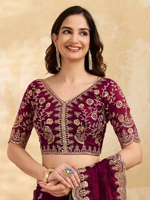 Maroon Satin Embroidery Sequence Work Saree with Unstitch Blouse Piece For Women 5