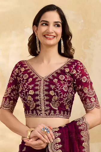 Maroon Satin Embroidery Sequence Work Saree with Unstitch Blouse Piece For Women