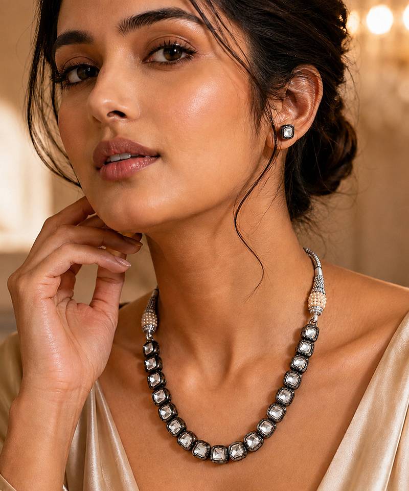 Silver black kundan stone necklace set