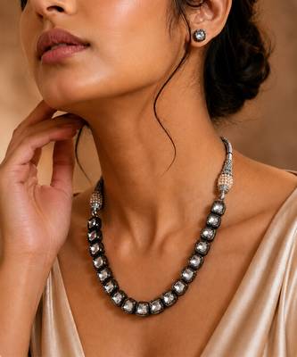 Silver black kundan stone necklace set 2