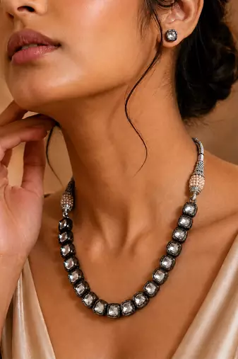 Silver black kundan stone necklace set
