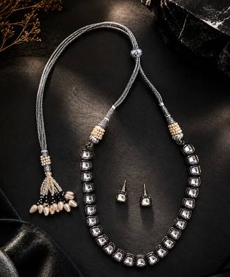 Silver black kundan stone necklace set 3