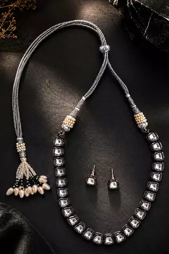 Silver black kundan stone necklace set