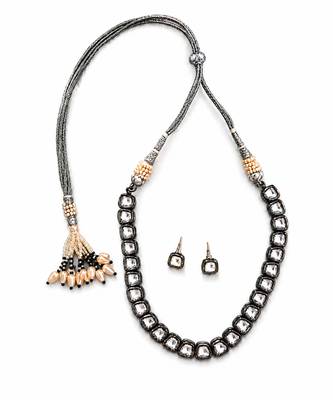 Silver black kundan stone necklace set 4