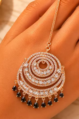Rose gold black drops maang tikka