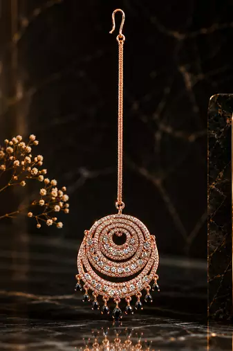 Rose gold black drops maang tikka