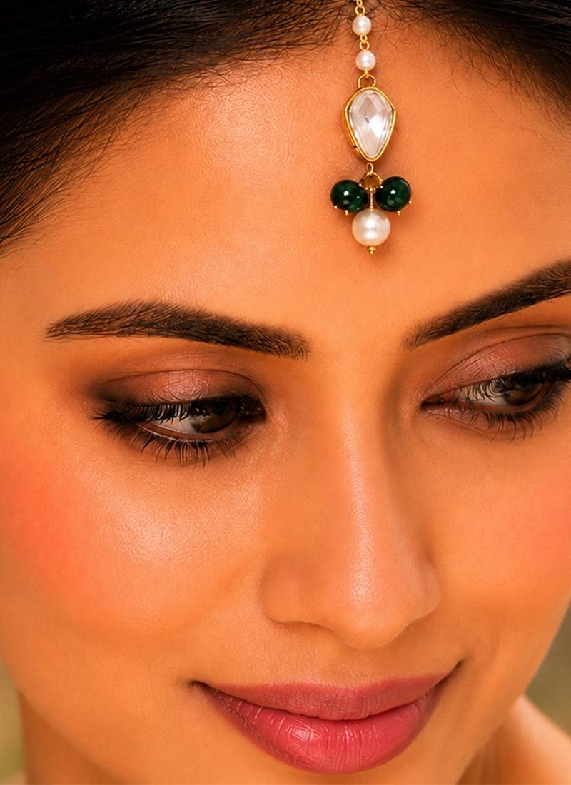 Gold pearl chain emerald green beads maang tikka
