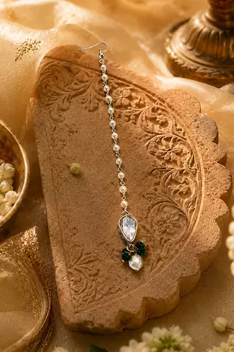 Gold pearl chain emerald green beads maang tikka