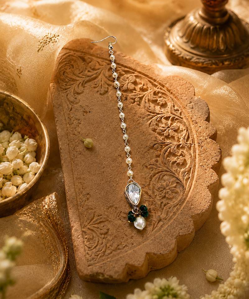 Gold pearl chain emerald green beads maang tikka