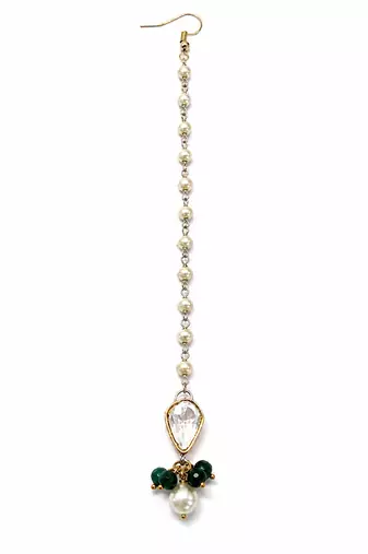 Gold pearl chain emerald green beads maang tikka