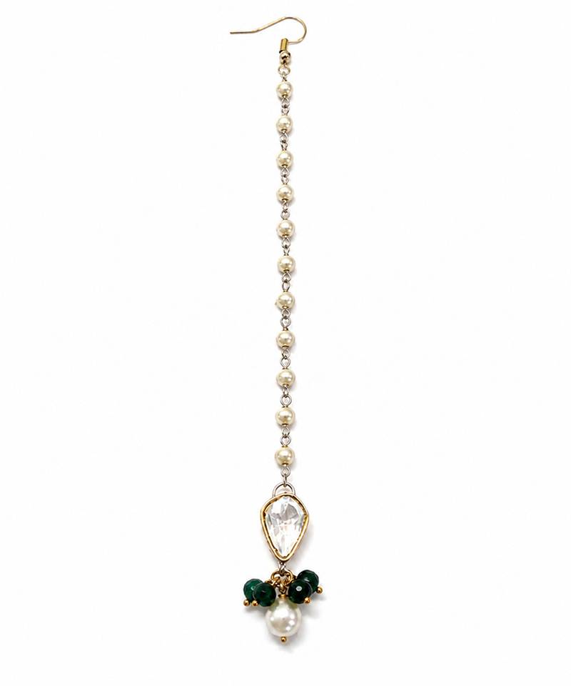 Gold pearl chain emerald green beads maang tikka