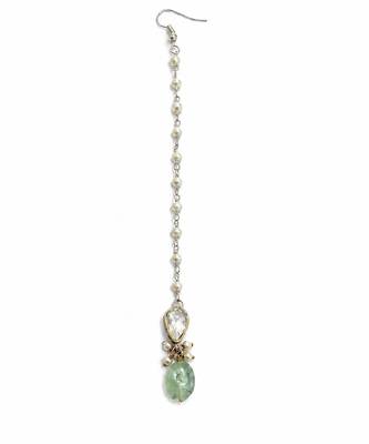 Gold pearl chain mint green jadau stone maang tikka 4