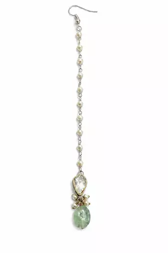 Gold pearl chain mint green jadau stone maang tikka