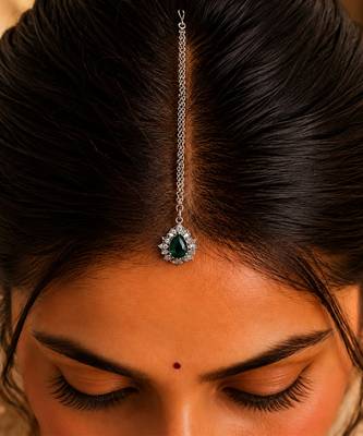 Silver plated green treardrop stone maang tikka 2