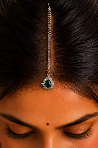 Silver plated green treardrop stone maang tikka