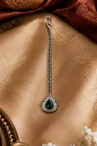 Silver plated green treardrop stone maang tikka