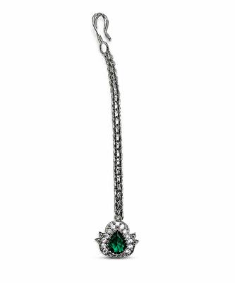 Silver plated green treardrop stone maang tikka 4