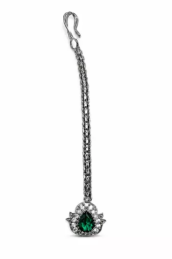 Silver plated green treardrop stone maang tikka