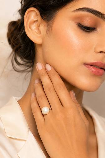 Silver metallic opal white pearl adjustable ring