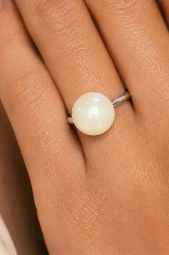 Silver metallic opal white pearl adjustable ring