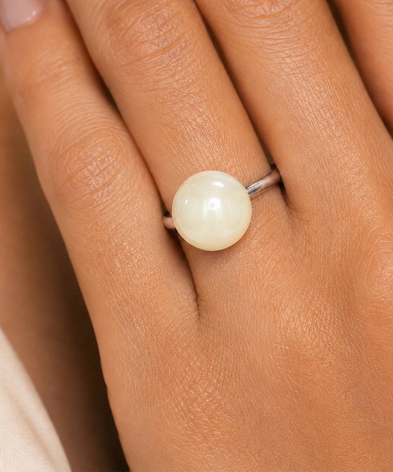 Silver metallic opal white pearl adjustable ring